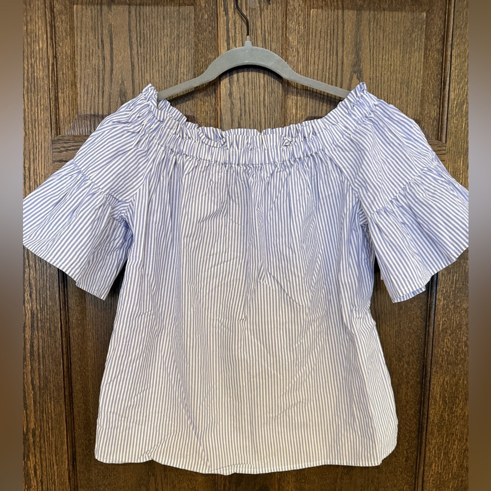Kate Spade Blue and White Striped Off-Shoulder Ruffle Blouse